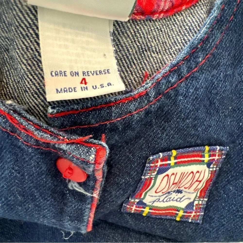 VTG Oshkosh Girls 4 Denim Jumper Overall Dress Blue Red Plaid Christmas USA